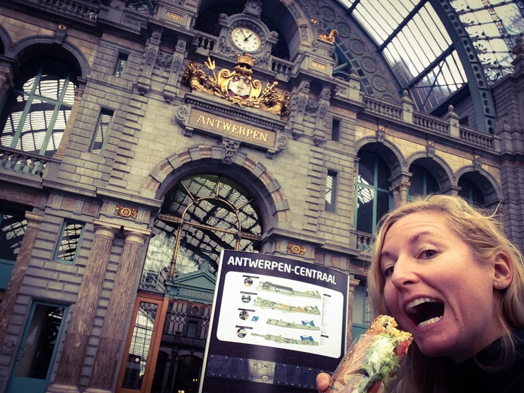 Another baguette sandwich in the beautiful Antwerp train station. Our last stop in Belgium before heading north to the Netherlands. :) They said the train station was the most beautiful thing in the city, so we had to stop. And it totally was worth it. 