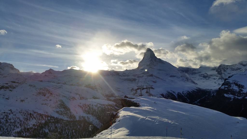 Once back on the Swiss side, we skied through to the very end... we were literally on the LAST chair that took people to the top. I was literally the LAST person to ski off the mountain this day. As I skied down, I saw this sunset over the Matterhorn. As awesome as this pic is, it can never do the real thing any actual justice. Come here for sure. If there's even a chance.. come here.