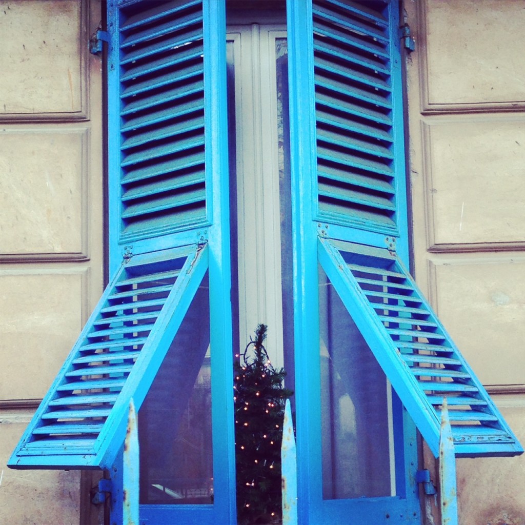 Just love the simplicity of this pic... the color of the shutters... the nature of how they are open... and the sweet, simple Christmas tree inside.